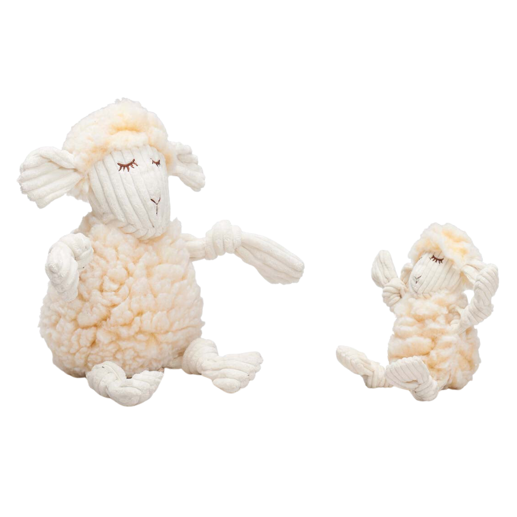 Large and Small Sheep dog toy. Has a white colored skin and light-beige fur on top of the sheeps head. Has two knottied arms and legs and a light-beige furry textured body. Has five squeakers one in each arm, leg and in the stomach. Combining our Tuffut Technology® lining with our best-selling HuggleFleece® fabric for the perfect marriage of Tuff and Soft.