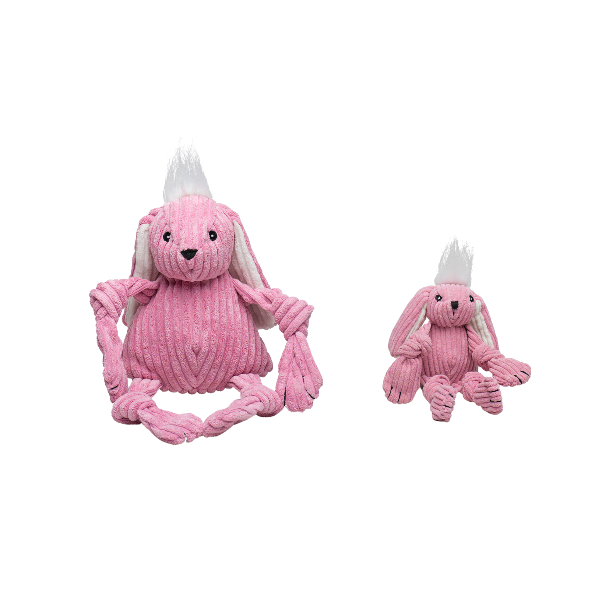 Image of small and large Bunny dog toy. Has a light pink color and has white fur on the top of it's head with light pink and white ears. Has two knottied arms and legs. Has five squeakers. One in each arm and leg and in the stomach.  Made with exclusive Tuffut Technology®.