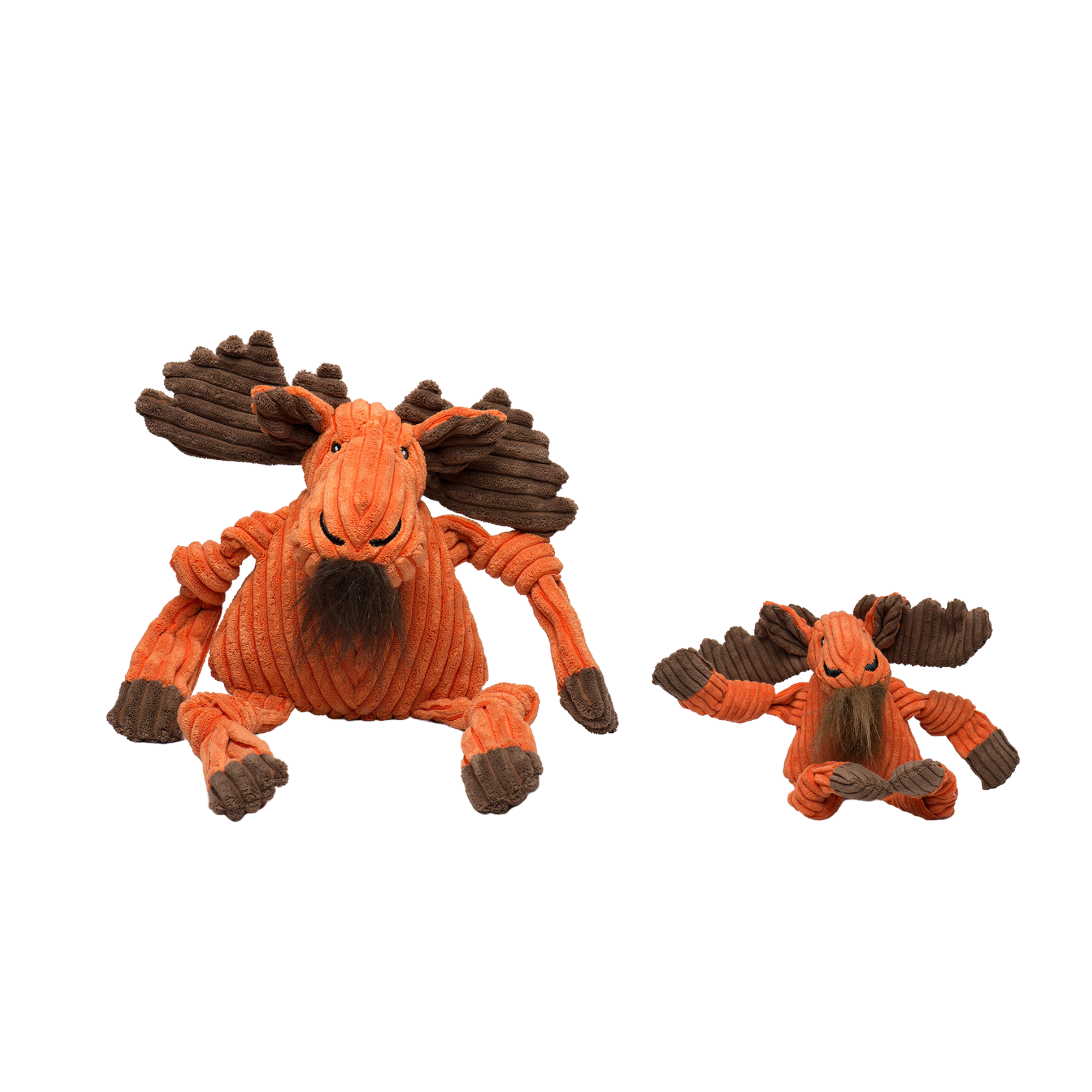 Image of small and large Moose dog toy. With a medium shade of orange body and brown antlers. Has black fur on the bottom of it's head. With two arms and legs that are knottied.  Has five squeakers. One in each arm and leg and in the stomach. Made with exclusive Tuffut Technology®.