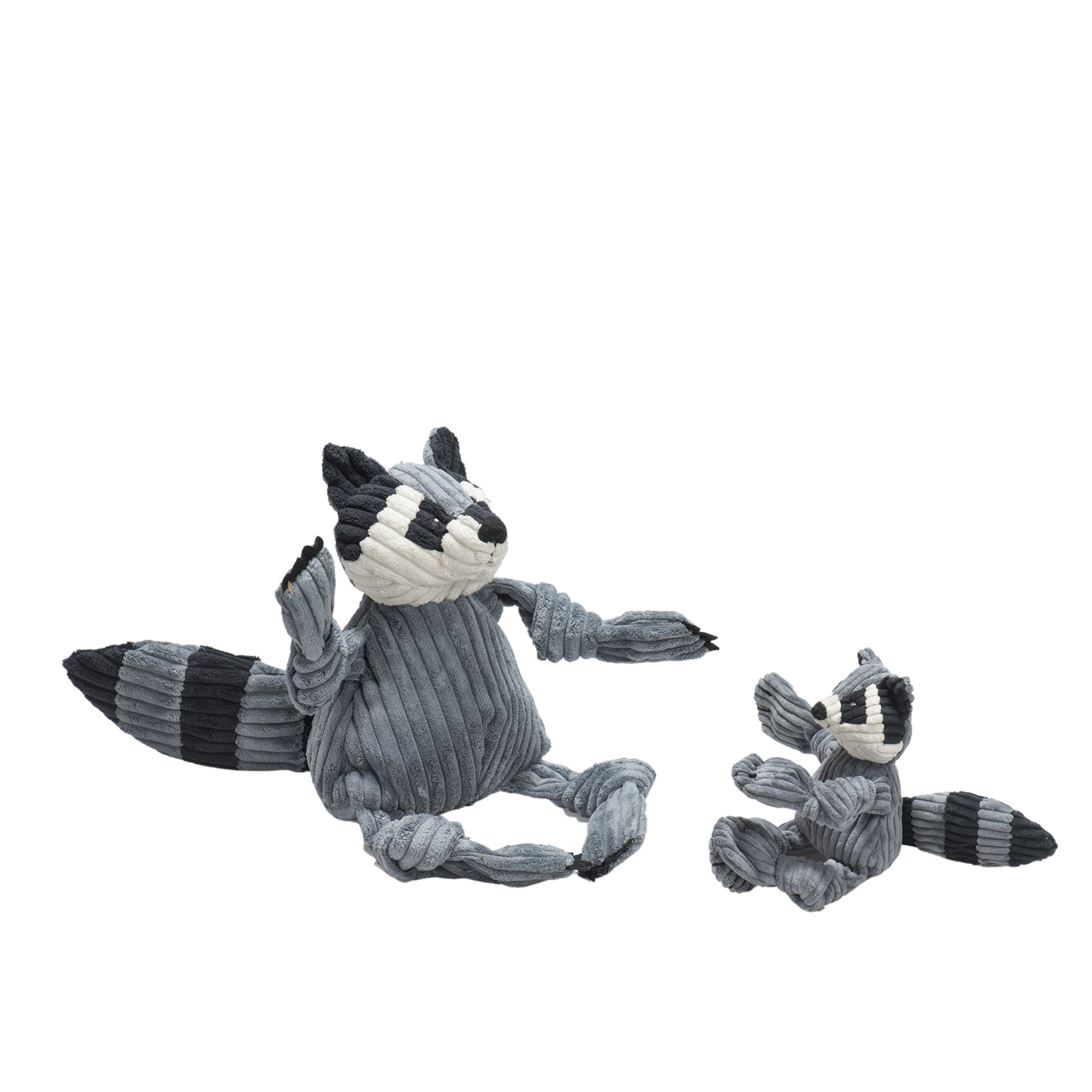 Image of small and large Racoon dog toy. Has a dark dark gray-blue body with a dark gray-blue, white and black face. Has a dark gray-blue tail and two knottied arms and legs. Has five squeakers. One in each arm and leg and in the stomach. Made with exclusive Tuffut Technology.