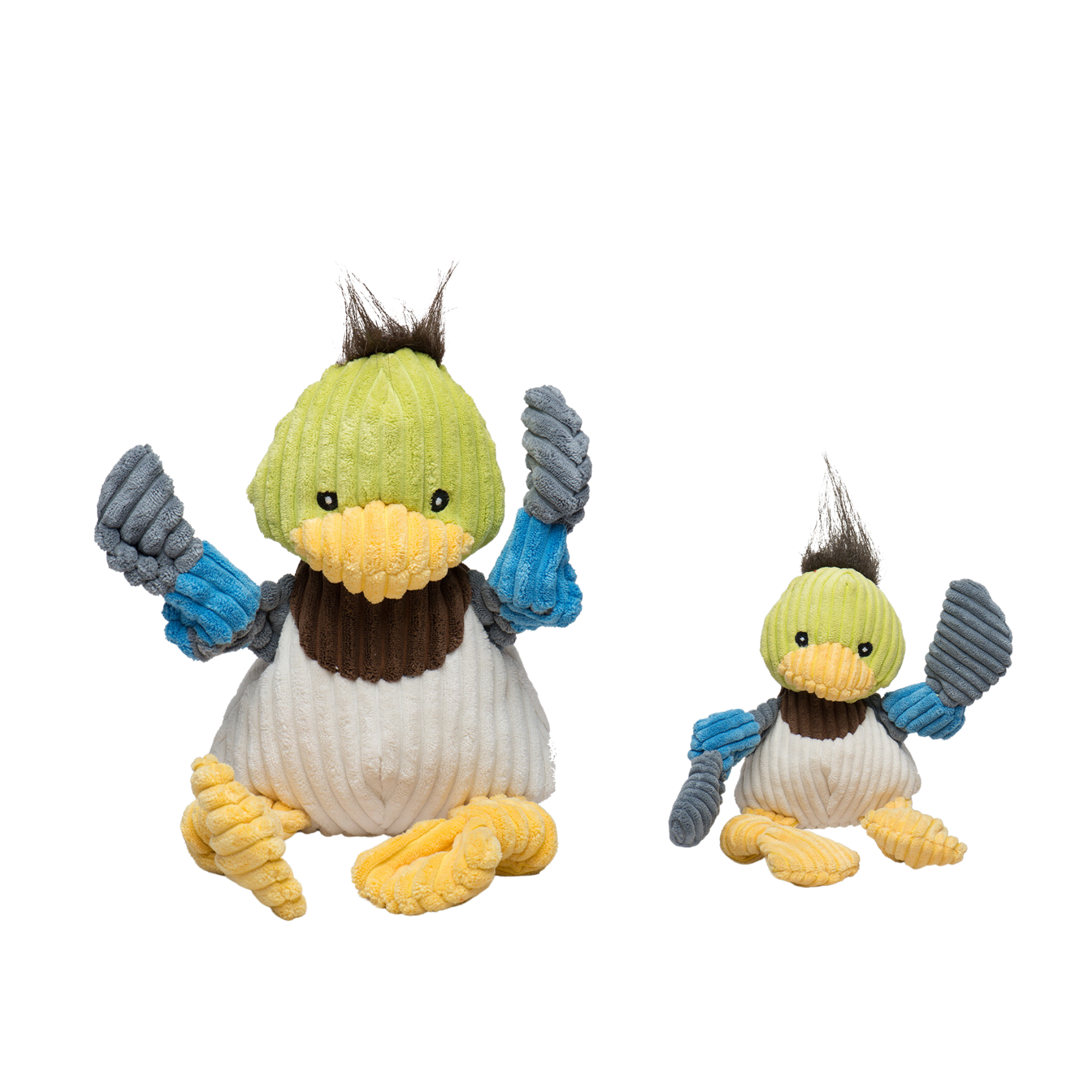 Image of small and large Duck dog toy. With a green head, yellow beak, and brown hair. Has a small green tail, Brown upper chest and light gray stomach and back. Two yellow knottied legs and a dark gray and blue knottied arms. Has five squeakers one in each arm, leg and in the stomach. Made with exclusive Tuffut Technology.