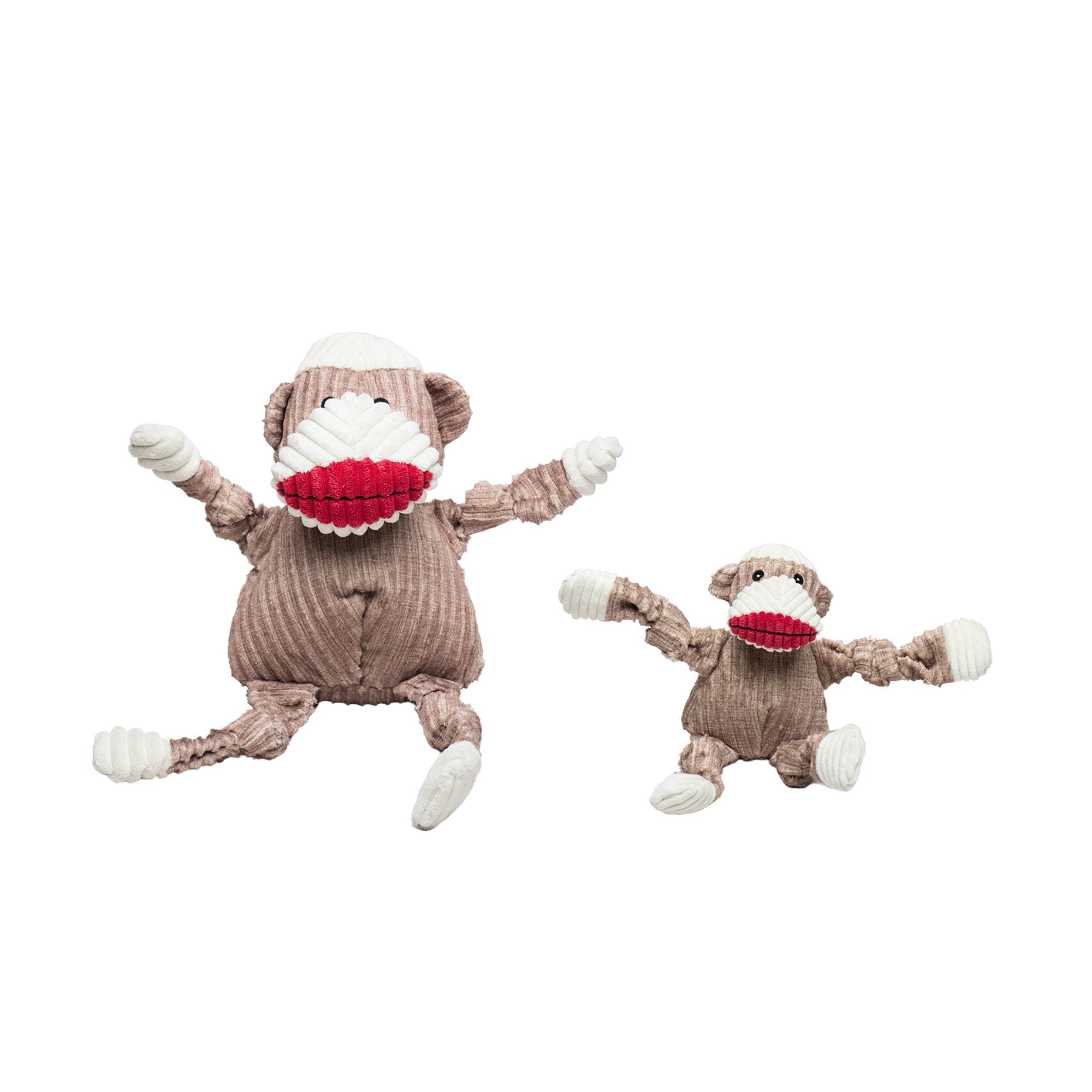 Large and Small Stuey the Monkey dog toy. With light brown skin and white feet and hands, two knottied arms and legs. Has five squeakers one in each arm, leg and in the stomach. Made with exclusive Tuffut Technology®.