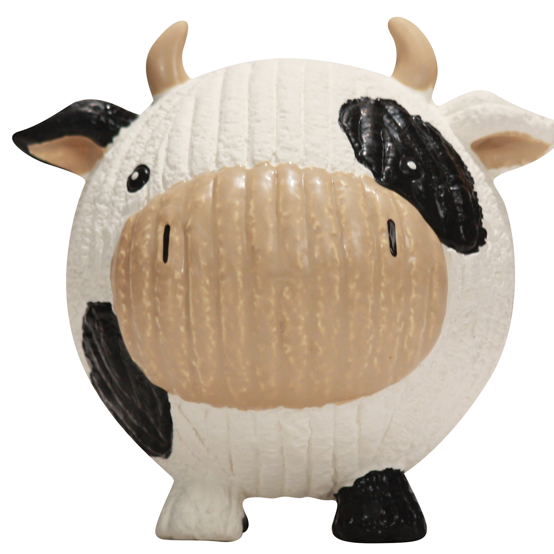 Large Cow dog toy made of thick-walled latex and have excellent tear-resistance and are bouncable. The cow is white with black spots, has a beige nose and horn, and inside contains a squeaker. 