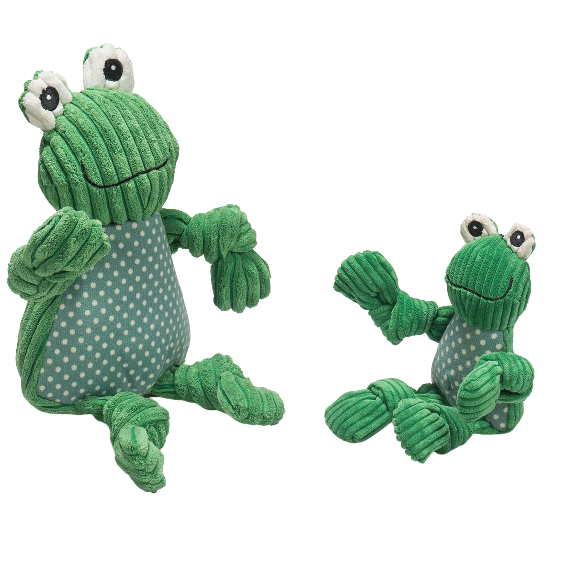 Fergie Frog Knottie- Large and Small. Green corduroy fur with blue polka dot body. Googly eyes protruding from head.