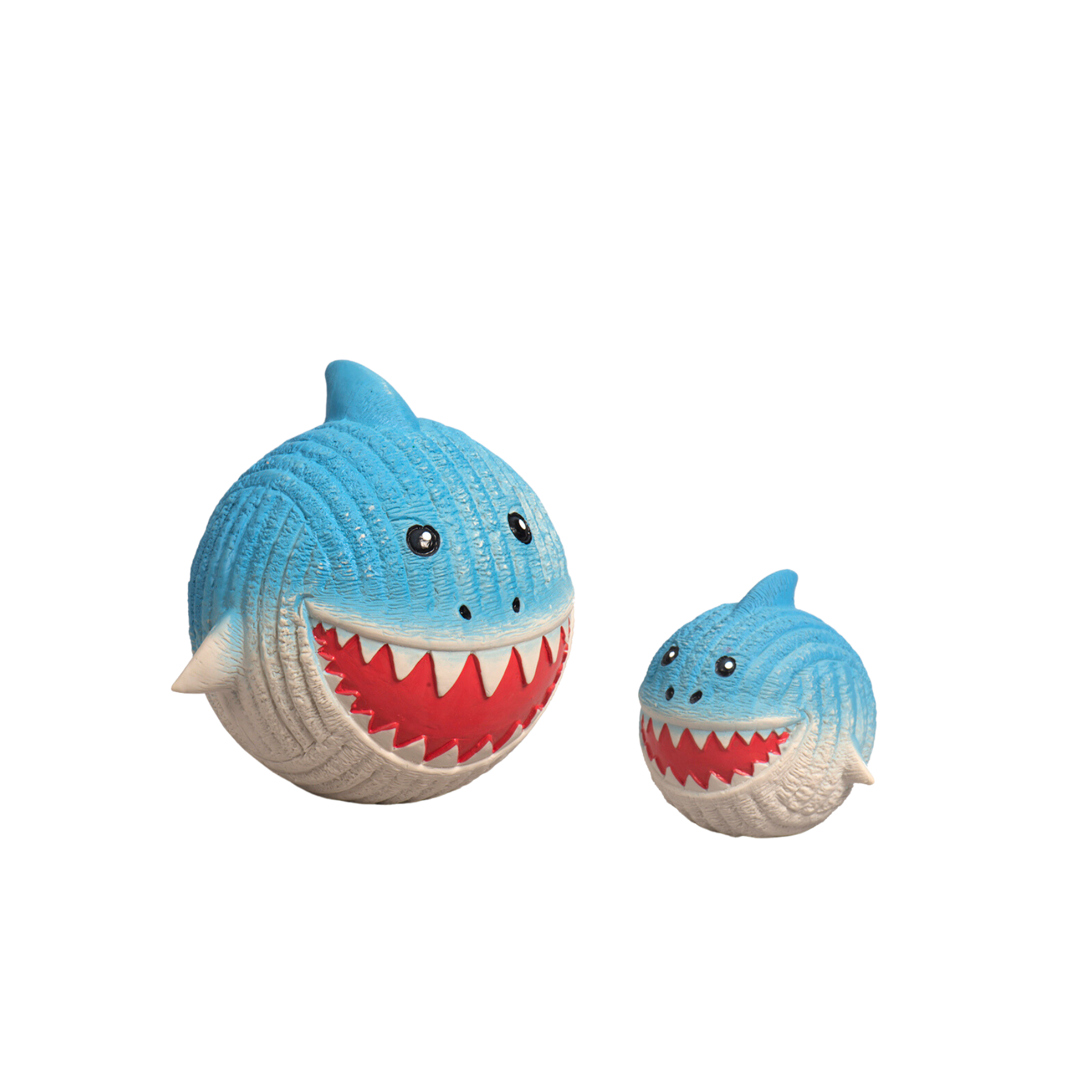 Large and small Shark dog toy made of  thick-walled latex and have excellent tear-resistance and are bouncable. The shark has blue top and on it's bottom it's white. It has white teeth and a red mouth. 