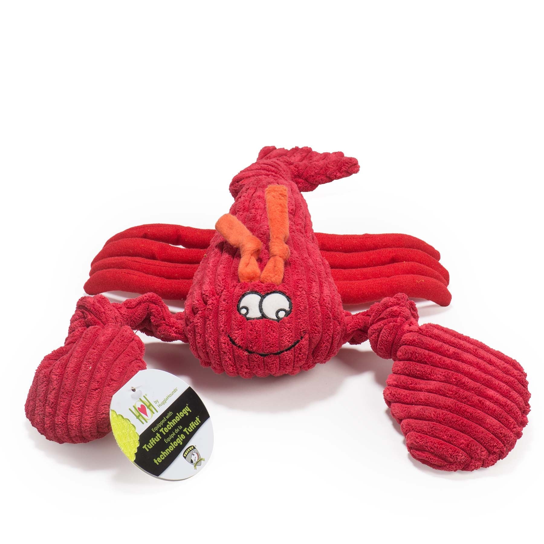 Large McCracken theLobster dog toy. McCracken red body and head with dark orange atennas. Two red claws with 8 legs and a red tail. Contains 5 squekers, one in each claw, one in the head and two inside of the body.  Made with exclusive Tuffut Technology.